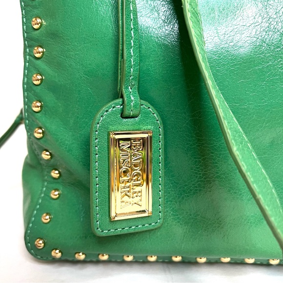 Badgley Mischka Nina Green Leather Studded Satchel Handbag - Picture 3 of 14